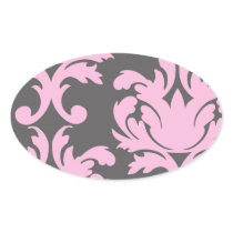 pink and deep grey large damask oval sticker