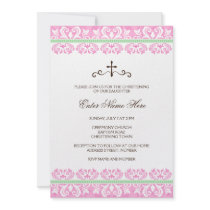 Pink and green damask baptism/christening invite
