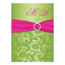 Pink and Green Damask Monogrammed Invitation