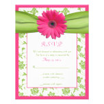 Pink and Green Floral Damask Wedding Reply Card Invite