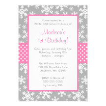 Pink and Grey Snowflakes Winter Onederland Invites