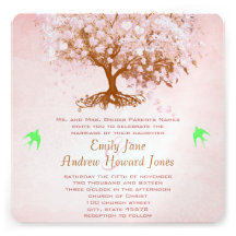 Pink and Lime Heart Leaf Tree Wedding Invitations