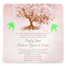 Pink and Lime Heart Leaf Tree Wedding Invitations