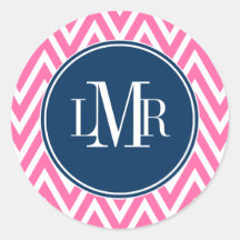 Pink and Navy Blue Chevrons Monogram Round Stickers