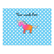 Pink and orange unicorn on blue polka dots post cards
