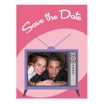 Pink and Purple Now Presenting Retro Save the Date postcards