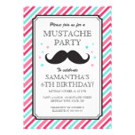 Pink aqua stripes moustache bash birthday party announcement