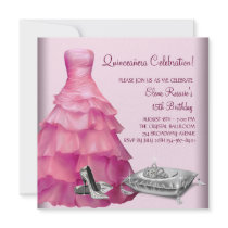 Pink Ball Gown High Heel Shoes Pink Quinceanera Custom Invitation