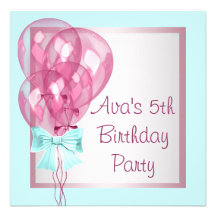 Pink Balloons Teal Blue Girls Birthday Party Personalized Announcement