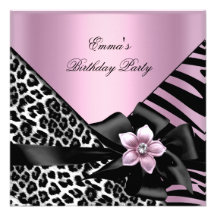 Pink Birthday Party Zebra Leopard Elegant Custom Invitation