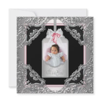 Pink Black Baby Girl Photo Birth Announcement