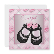 Pink Black Baby Shoes Pink Black Baby Girl Shower Personalised Invite