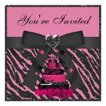 Pink & Black Cake, Glitter Zebra Print & Fishnet Custom Invitations