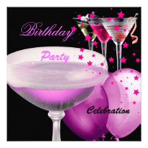 Pink Black Champagne Cocktails Birthday Party Custom Invites