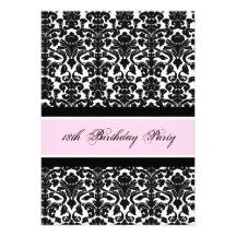 Pink Black Damask 18th Birthday Party Invitations