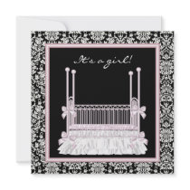 Pink Black Damask Crib Baby Girl Shower Personalized Invitation