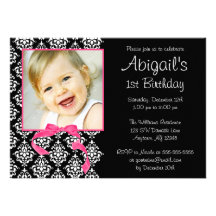Pink Black Damask Girl Photo 1st Birthday Party Invitations