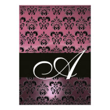 PINK BLACK  DAMASK MONOGRAM ,bright white Personalised Invitation