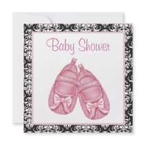 Pink Black Damask Satin Booties Baby Girl Shower Invitations