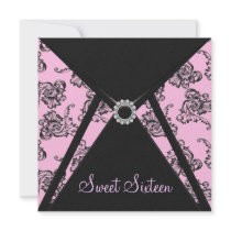 Pink Black Damask Sweet 16 Party Custom Invites