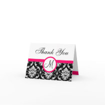Pink Black Damask Wedding Monogram Thank You Card