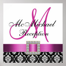 Pink Black Damask Wedding Reception Sign Poster