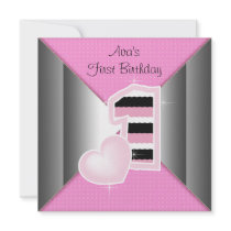 Pink Black Girls 1st Birthday Party Invites