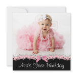Pink Black Girls Photo 1st Birthday Party invitations