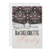 pink black hearts damask bachelorette party custom invitations