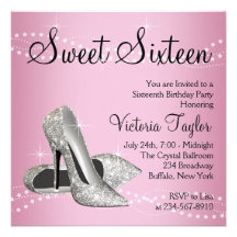 Pink Black High Heels Sweet 16 Party Personalised Invite