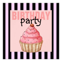 Pink & Black Party Cupcake Birthday Invitation