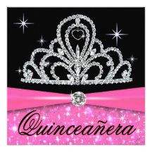 Pink Black Quinceanera Princess Tiara Bling Custom Invitations