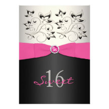 Pink Black Silver FAUX Ribbon Sweet 16 Invitation