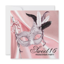 Pink Black Sweet 16 Masquerade Party Custom Invites