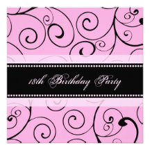 Pink Black Swirls 18th Birthday Party Invitations