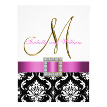 Pink Black White Damask Initial Wedding Invite