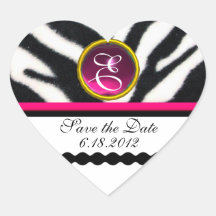 PINK BLACK WHITE ZEBRA FUR MONOGRAM ,Save The Date Heart Sticker
