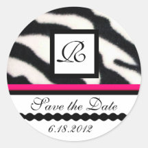 PINK BLACK WHITE ZEBRA FUR MONOGRAM ,Save The Date Sticker