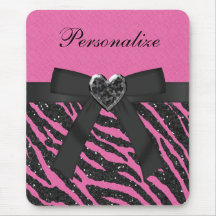 Pink & Black Zebra Print Faux Glitter & Bow Mouse Mat