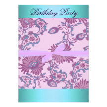 Pink & Blue Bow & Floral Birthday Invitation