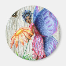 Pink Blue Pixie Fairy PickingFlower Drawing Sketch Fridge Magnet