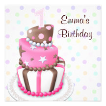 Pink Brown Cake Presents Girls 1st Birthday Party Announcement