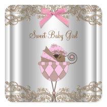 Pink Brown Carriage Baby Shower Label