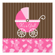 Pink Brown Carriage Camo Girl Baby Shower Personalised Announcement