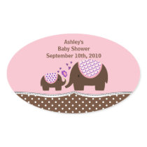 Pink & Brown Elephant Baby Shower Oval Sticker