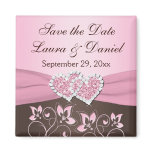 Pink, Brown Floral, Hearts Save the Date Wedding Fridge Magnet