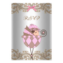 Pink Brown Lace Girl Baby Shower RSVP Custom Invite