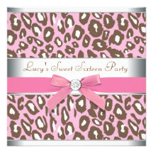 Pink Brown Leopard Sweet 16 Party Invitations