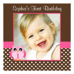Pink Brown Owl Polka Dot 1st Birthday Girl Photo Custom Announcements