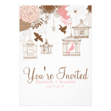 Pink & Brown Vintage Birdcages Wedding Invitation